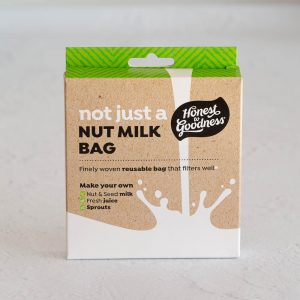 Cardboard box containing a nut milk bag.