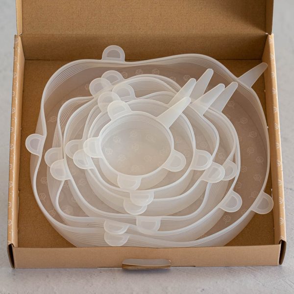 Nest of silicone food covers in a box.